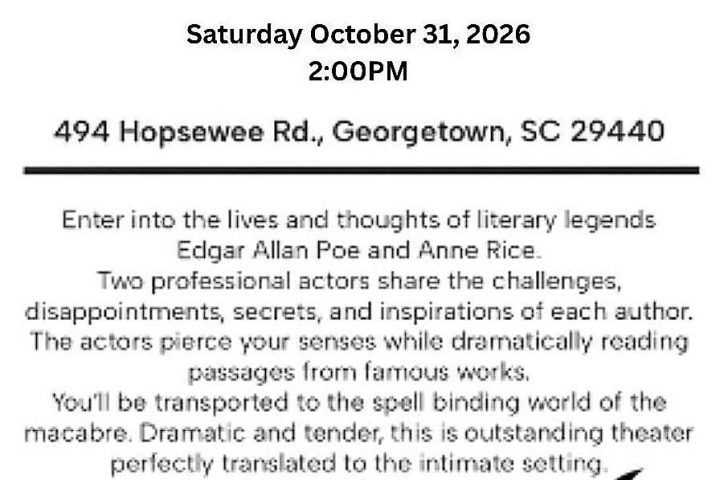 Flyer for 'A Meeting of the Macabre' event on Oct 31, 2026, in Georgetown, SC with high tea service.