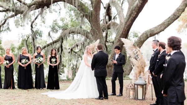 Outdoor wedding ceremony under a tree, with bride, groom, bridal party and officiant.