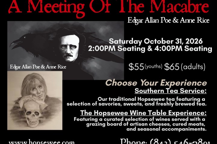 Event flyer with Edgar Allan Poe, Anne Rice, and event details for October 31, 2026.
