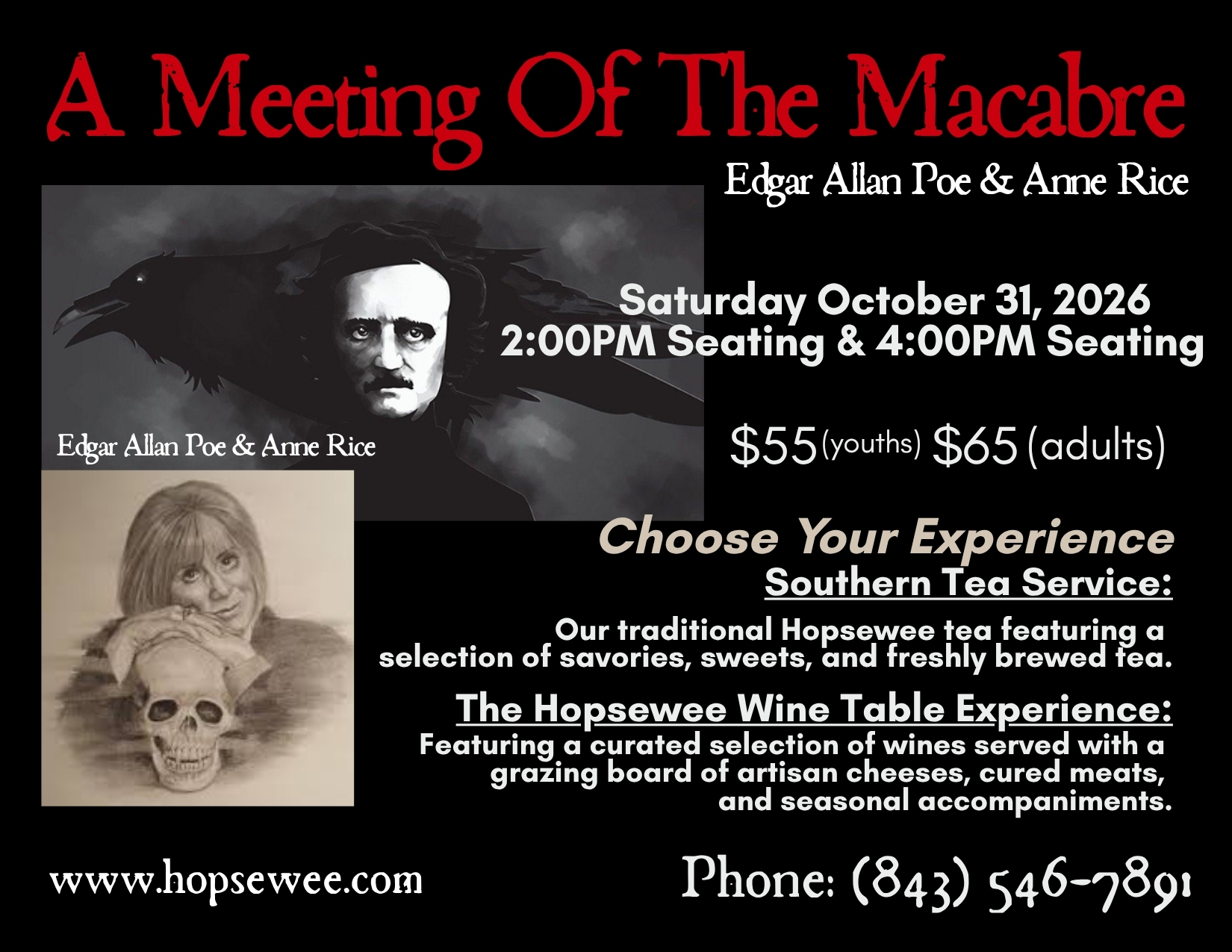 Event flyer with Edgar Allan Poe, Anne Rice, and event details for October 31, 2026.