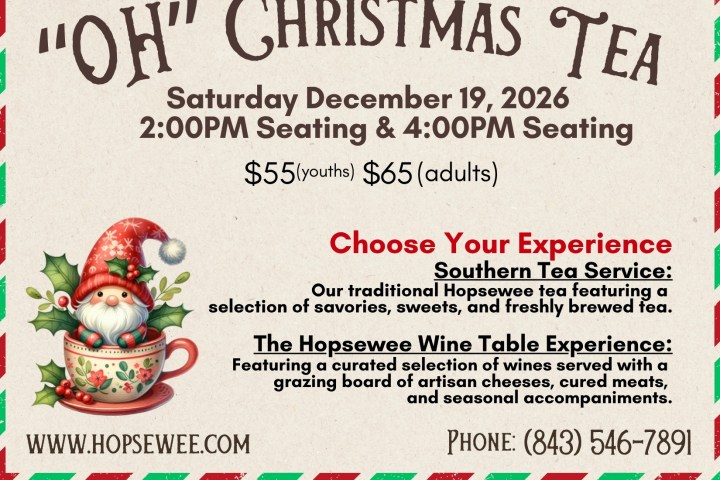Holiday tea event flyer with details for December 19, 2026, featuring prices and contact info.