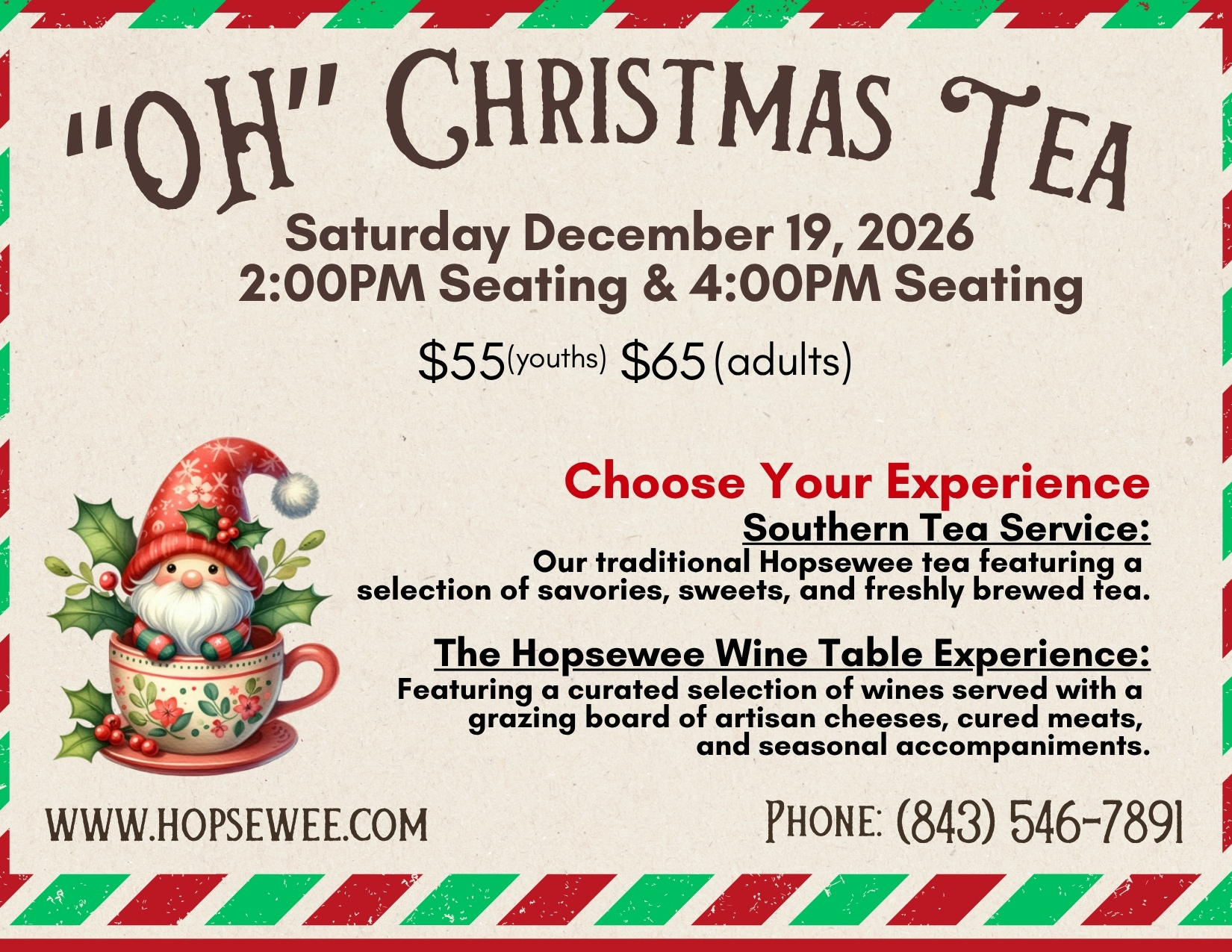 Holiday tea event flyer with details for December 19, 2026, featuring prices and contact info.
