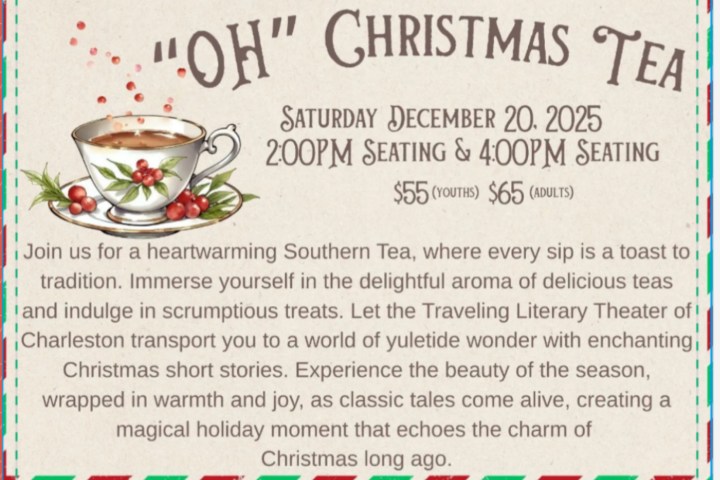 Christmas tea event on Dec 20, 2025, with 2PM and 4PM seatings. Cost: $55 youth, $65 adults.