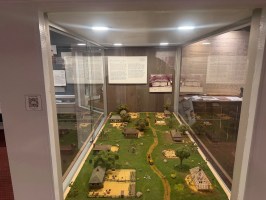 Miniature historical village diorama in a glass display case with trees and buildings.